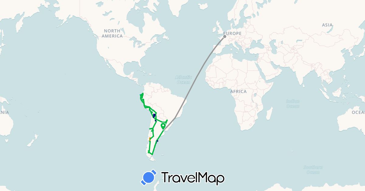 TravelMap itinerary: driving, bus, plane, cycling, hiking, boat, hitchhiking in Argentina, Bolivia, Brazil, Chile, Ecuador, France, Peru (Europe, South America)